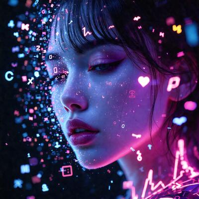 The primary subject of the image is a woman with a pink and purple background. She is wearing a pink lipstick and has a heart-shaped tattoo on her face. The visual style of the image is a combination of a photo and digital art, creating a unique and artistic representation of the woman. The colors and mood of the image are predominantly pink and purple, giving it a warm and vibrant atmosphere.